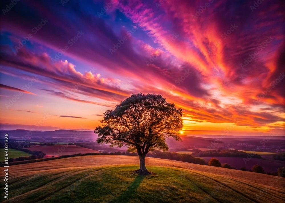 Stunning Drone Photography Capturing a Serene Landscape with a Majestic Tree Silhouetted Against a Breathtaking Sunset and a Vibrant Purple Sky Stunning Drone Photography Capturing a Serene Landscape with a Majestic Tree Silhouetted Against a Breathtaking Sunset and a Vibrant Purple Sky