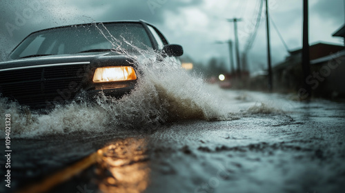 A car is driving through a heavily flooded street, with water splashing up aggressively around its wheels - Generative AI