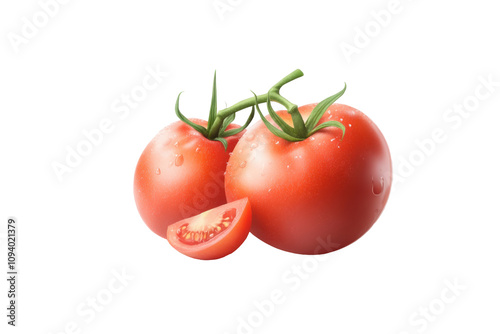 This visual features ripe tomatoes with a shiny surface highlighted against a transparent background. Their vibrant color and fresh appearance make them ideal for culinary use or food styling