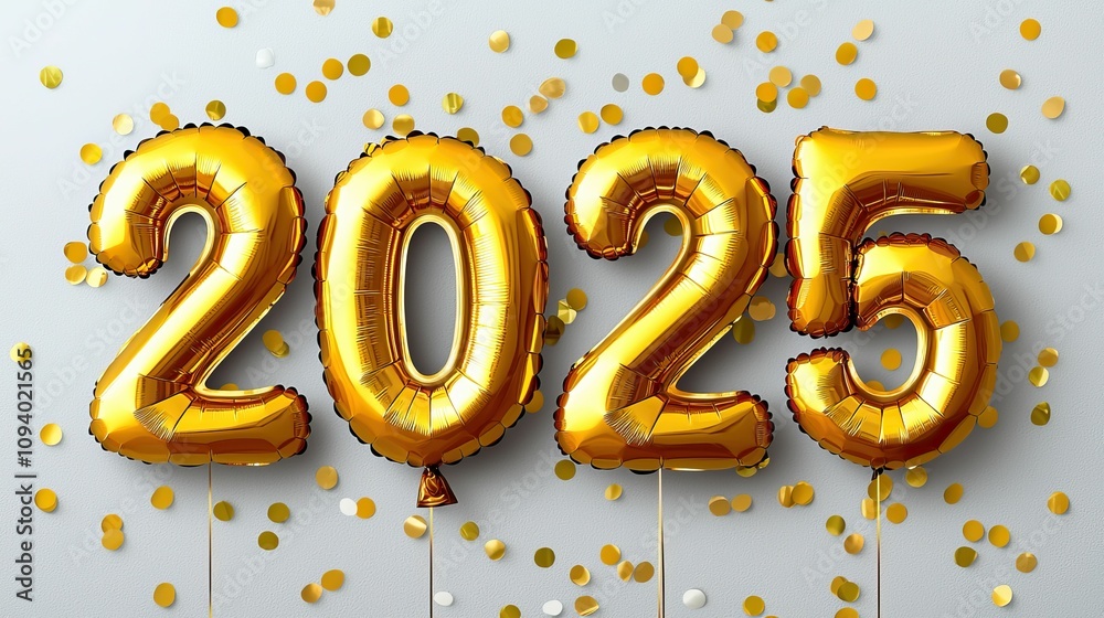 Happy new year mockup product, New year mockup product concept, Golden balloons display the year 2025, surrounded by shimmering confetti, creating a festive atmosphere for celebrations. Happy new year mockup product, New year mockup product concept, Golden balloons display the year 2025, surrounded by shimmering confetti, creating a festive atmosphere for celebrations.