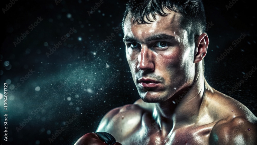 Close-up portrait of a determined boxer with sweat droplets and a focused expression. Close-up portrait of a determined boxer with sweat droplets and a focused expression.