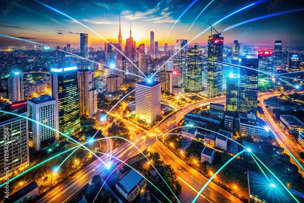 Fototapeta premium Stunning Drone Photography of Urban Night Lights with Blurred Data Analysis Features, Showcasing Vibrant Cityscapes and Complex Patterns in a Dynamic, Colorful Environment