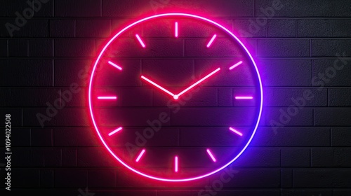 Happy new year mockup product, New year mockup product concept, A vibrant neon clock displays time against a dark brick wall, combining pink and blue hues for a modern, stylish look. photo