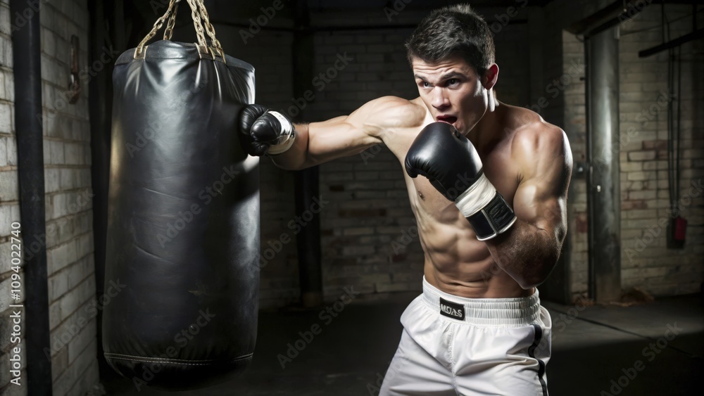 A boxer in white shorts and black gloves prepares to punch a hanging punching bag A boxer in white shorts and black gloves prepares to punch a hanging punching bag