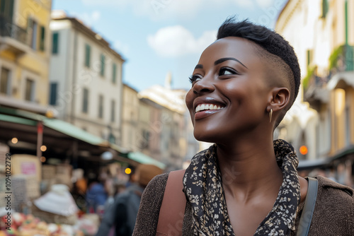 happy Black woman with very short hair on vacation walking on a European city street in an outdoor marketplace