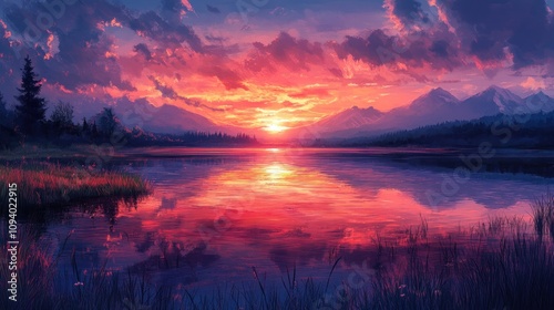 A serene sunset over a lake, reflecting vibrant colors and surrounded by mountains.