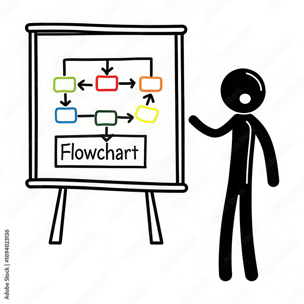 Black stick figure presenting flowchart on flip chart display Black stick figure presenting flowchart on flip chart display