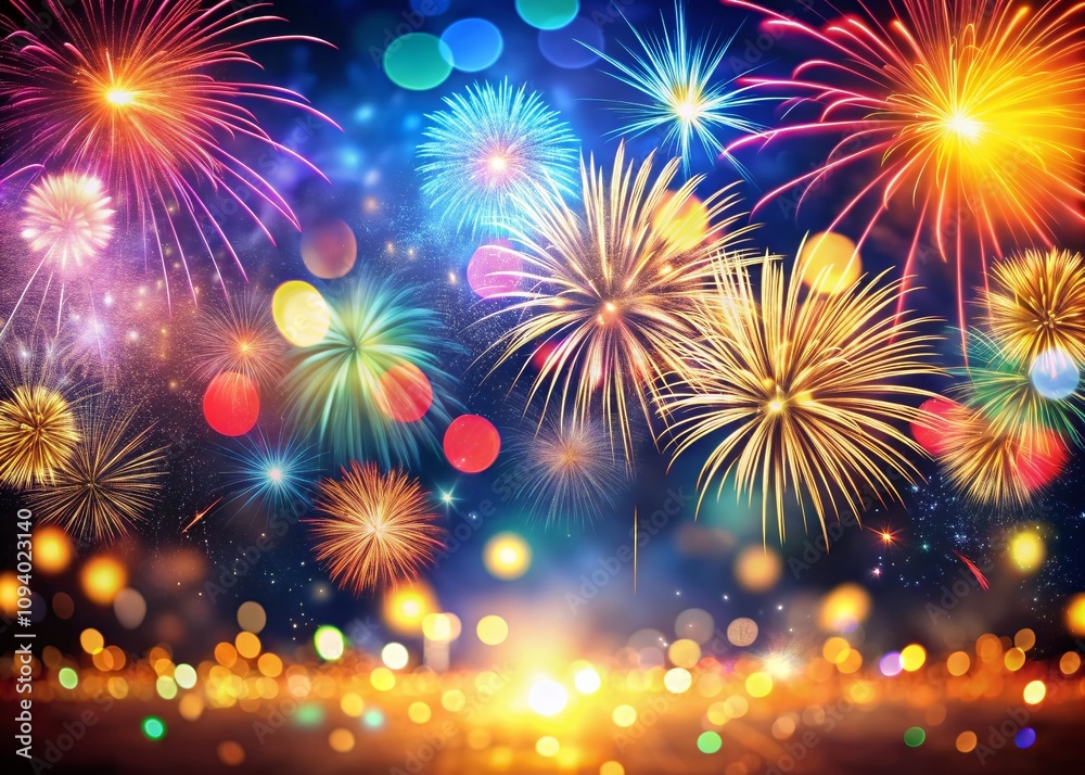 Fototapeta premium Stunning Firework Bokeh in the Night Sky with Vibrant Colors and Ethereal Light Effects Perfect for Celebrations and Events Imagery