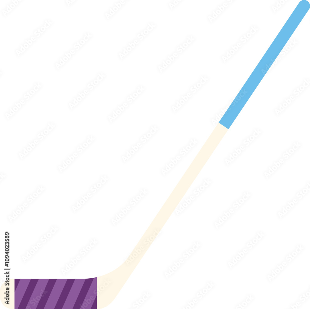 Simple illustration of a hockey stick with a blue shaft and a purple blade lying on a white background Simple illustration of a hockey stick with a blue shaft and a purple blade lying on a white background