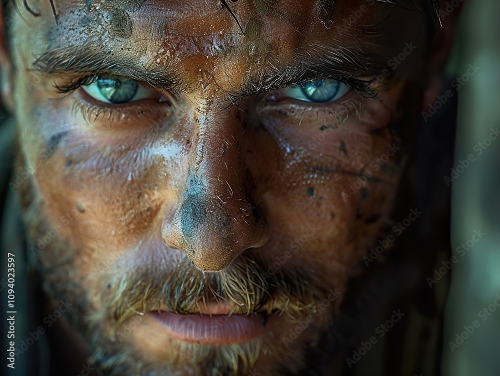 Close-up Portrait of a Man with Intense Gaze and Dirty Face Close-up Portrait of a Man with Intense Gaze and Dirty Face
