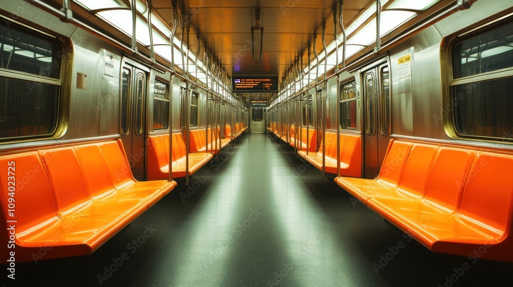 A deserted subway train interior with orange benches and polished metal surfaces. A deserted subway train interior with orange benches and polished metal surfaces.