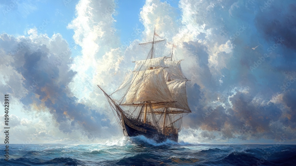 Obraz premium A majestic sailing ship navigates through vibrant clouds and ocean waves.