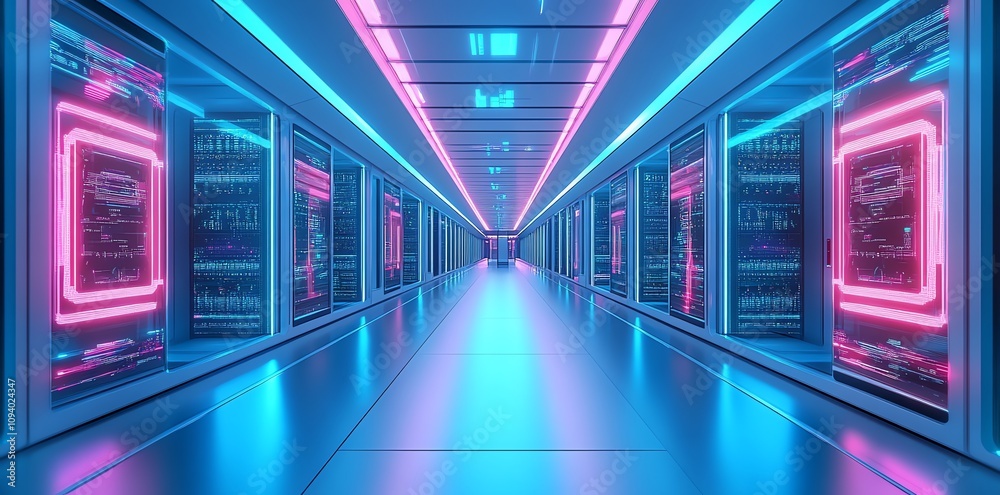 Fototapeta premium Futuristic server room with neon lighting.