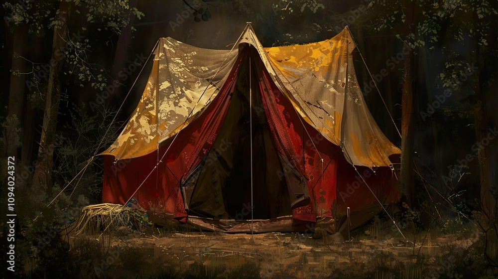 A Weathered Tent Stands Alone in a Dark Forest A Weathered Tent Stands Alone in a Dark Forest