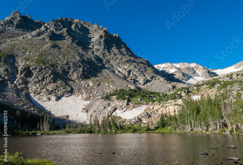 A serene mountain landscape with a clear Helena lake and rocky peaks in the bright sunlight in Rocky Mountain National Park during a summer
