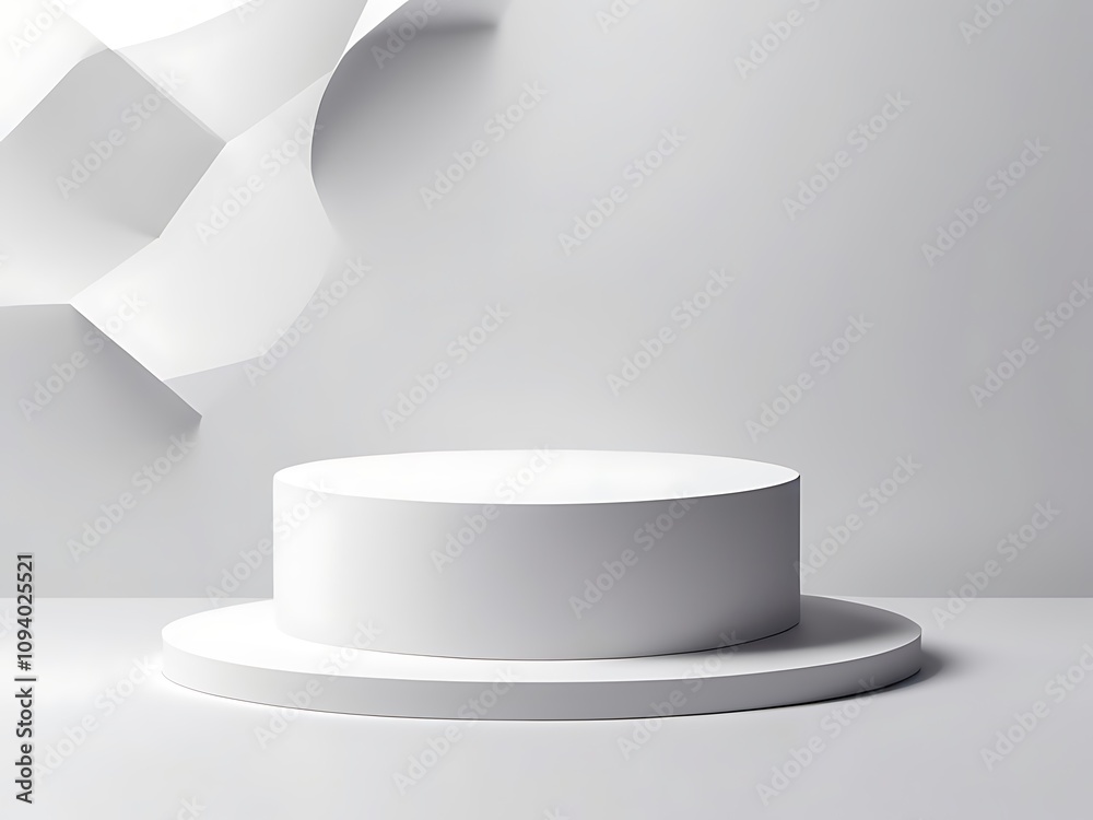 Fototapeta premium Abstract white 3D room with realistic white cylinder pedestal podium set and palm leaf shadow