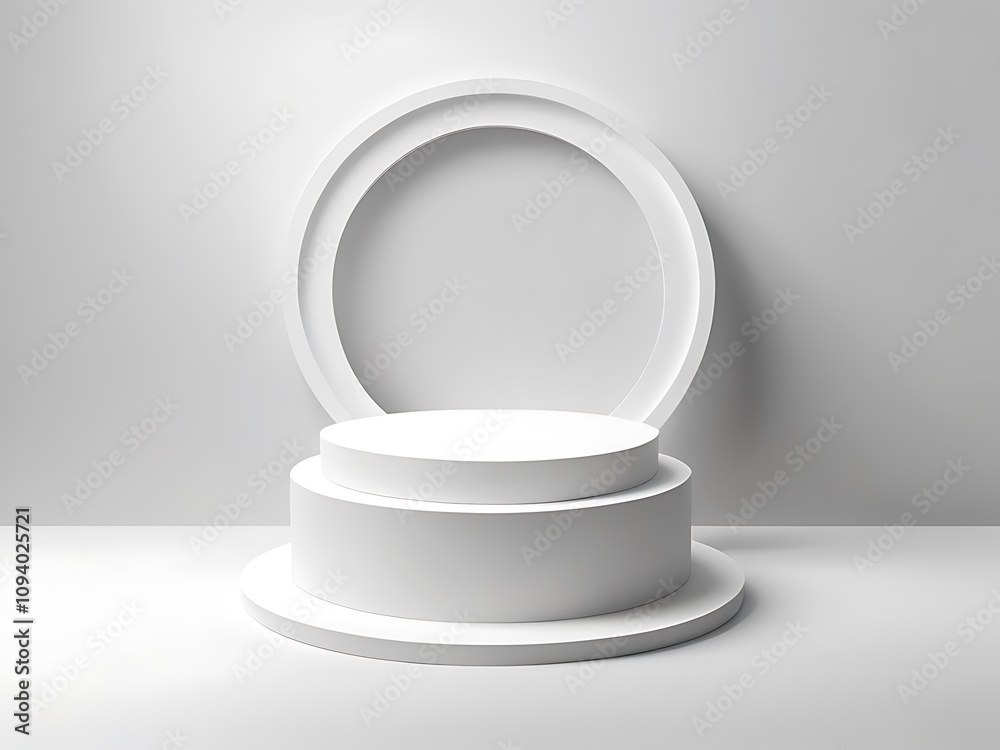 Abstract white 3D room with realistic white cylinder pedestal podium set and palm leaf shadow Abstract white 3D room with realistic white cylinder pedestal podium set and palm leaf shadow