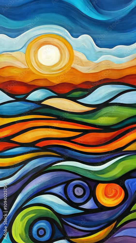 Colorful abstract landscape with sun and flowing waves in vibrant hues of orange, blue, and green Colorful abstract landscape with sun and flowing waves in vibrant hues of orange, blue, and green