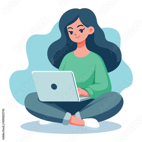 Flat cartoon vector of a woman working on a laptop