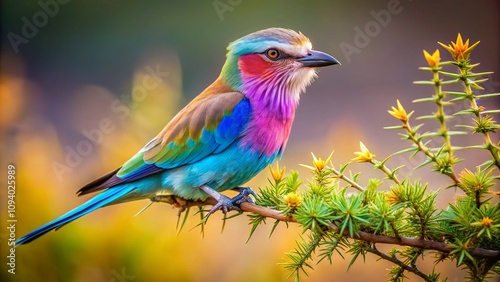 Stunning Lilacbreasted Roller Perched on a Thorny Branch Against a Vibrant Natural Background in Tilt-Shift Photography Style, Capturing the Essence of Wildlife Beauty and Colorful Feathers photo