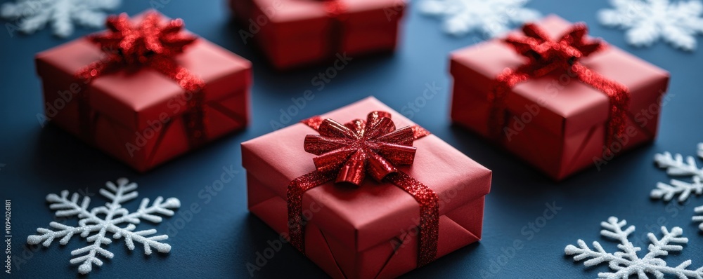 Festive Red Gift Boxes with Bow and Glittering Ribbon Surrounded by Fluffy White Snowflakes on a Dark Surface for Holiday Celebrations and Seasonal Decorations Festive Red Gift Boxes with Bow and Glittering Ribbon Surrounded by Fluffy White Snowflakes on a Dark Surface for Holiday Celebrations and Seasonal Decorations