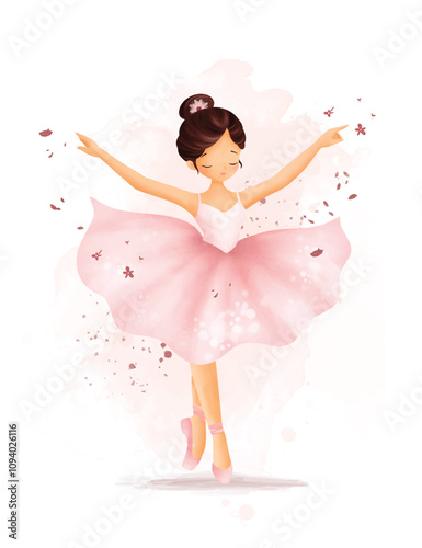 Watercolor Illustrastion Beautiful Ballerina Wears Pink Dress