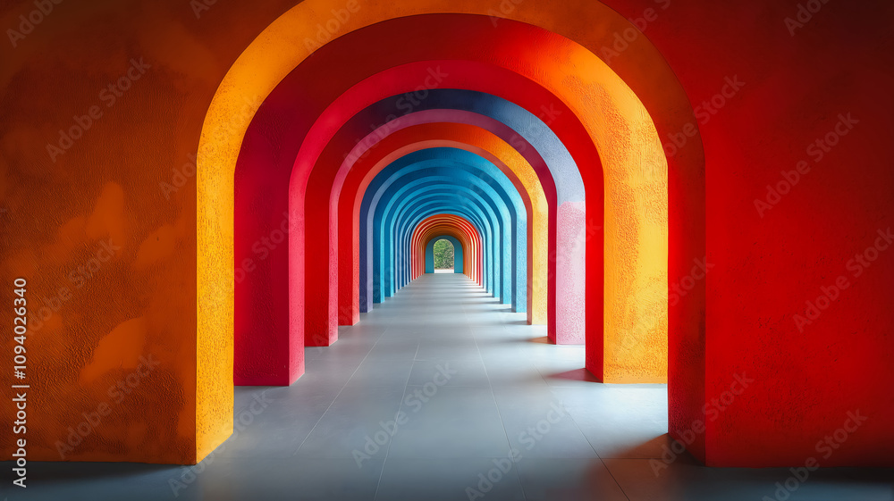 A long, colorful tunnel with a bright red archway. The tunnel is lined with colorful arches and is illuminated by sunlight. The colors of the arches create a sense of movement and energy A long, colorful tunnel with a bright red archway. The tunnel is lined with colorful arches and is illuminated by sunlight. The colors of the arches create a sense of movement and energy