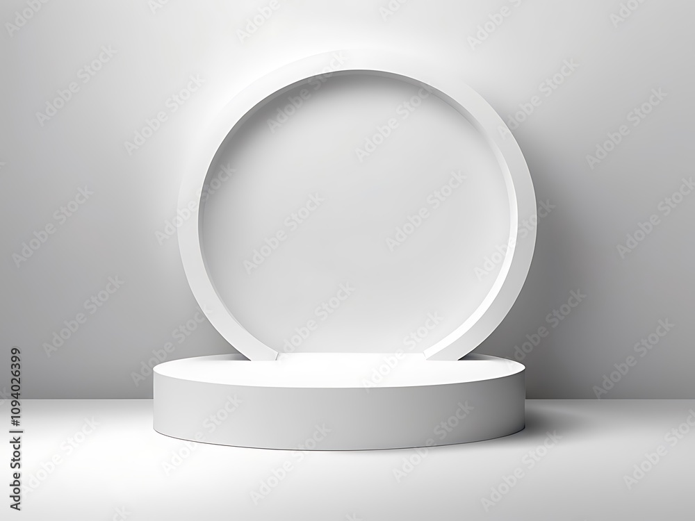Abstract white 3D room with realistic white cylinder pedestal podium set and palm leaf shadow Abstract white 3D room with realistic white cylinder pedestal podium set and palm leaf shadow