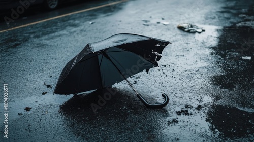 A broken umbrella lying on a wet street, Symbolizing the vulnerability and struggles of the homeless during harsh weather, minimalistic composition