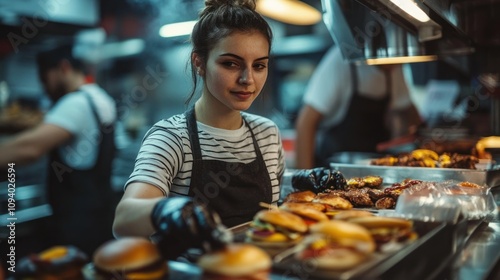 A young woman prepares burgers in a busy kitchen, showcasing a vibrant food service environment.