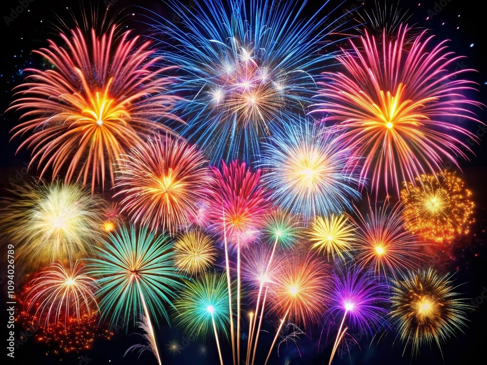 Fototapeta premium Stunning Long Exposure Photography of Colorful Fireworks Isolated on White Background for Celebrations, Events, and Festive Promotions