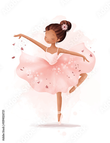 Watercolor Illustrastion Beautiful Ballerina Wears Pink Dress