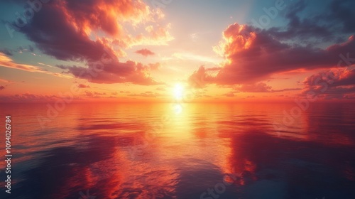 A vibrant sunset over a calm ocean, reflecting warm colors on the water's surface.