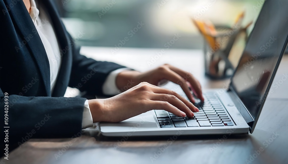 Business executive hands typing on laptop in modern office.