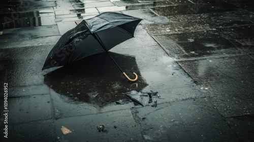 A broken umbrella lying on a wet street, Symbolizing the vulnerability and struggles of the homeless during harsh weather, minimalistic composition