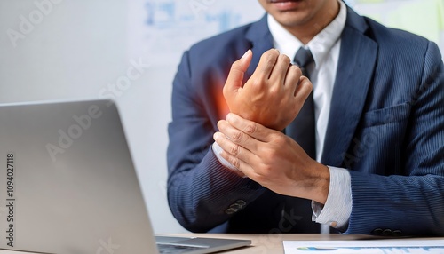 Businessman sitting at desk with laptop resting on his wrist highlighted in red, indicating pain or discomfort. photo