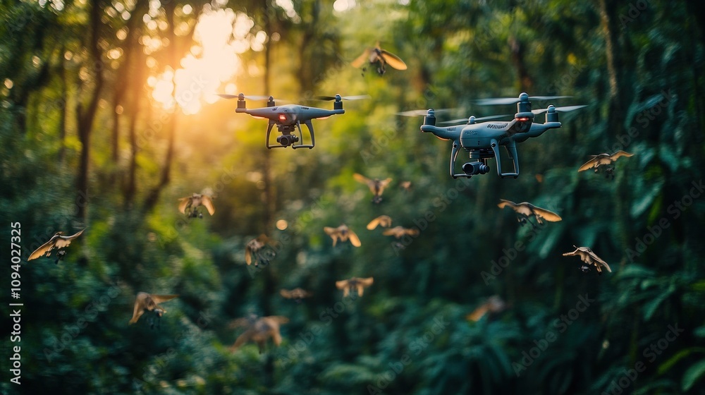 Drones flying through a lush forest, surrounded by insects at sunset. Drones flying through a lush forest, surrounded by insects at sunset.