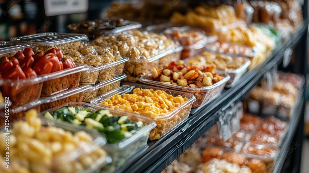 A display of various prepared food items in clear containers at a grocery store. A display of various prepared food items in clear containers at a grocery store.