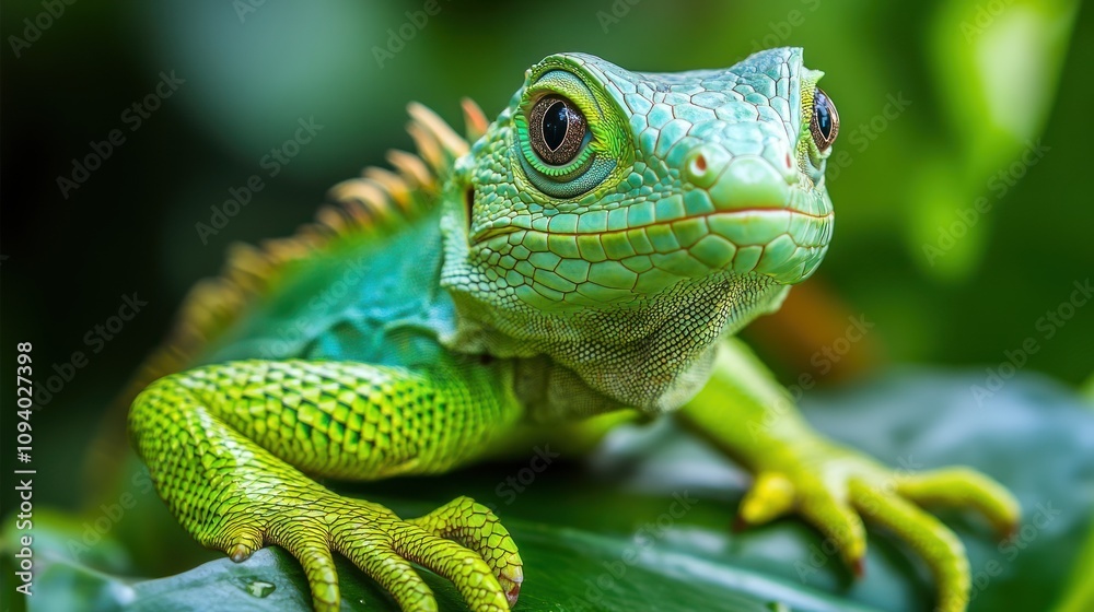 A vibrant green lizard perched on a leaf, showcasing its intricate scales and features. A vibrant green lizard perched on a leaf, showcasing its intricate scales and features.