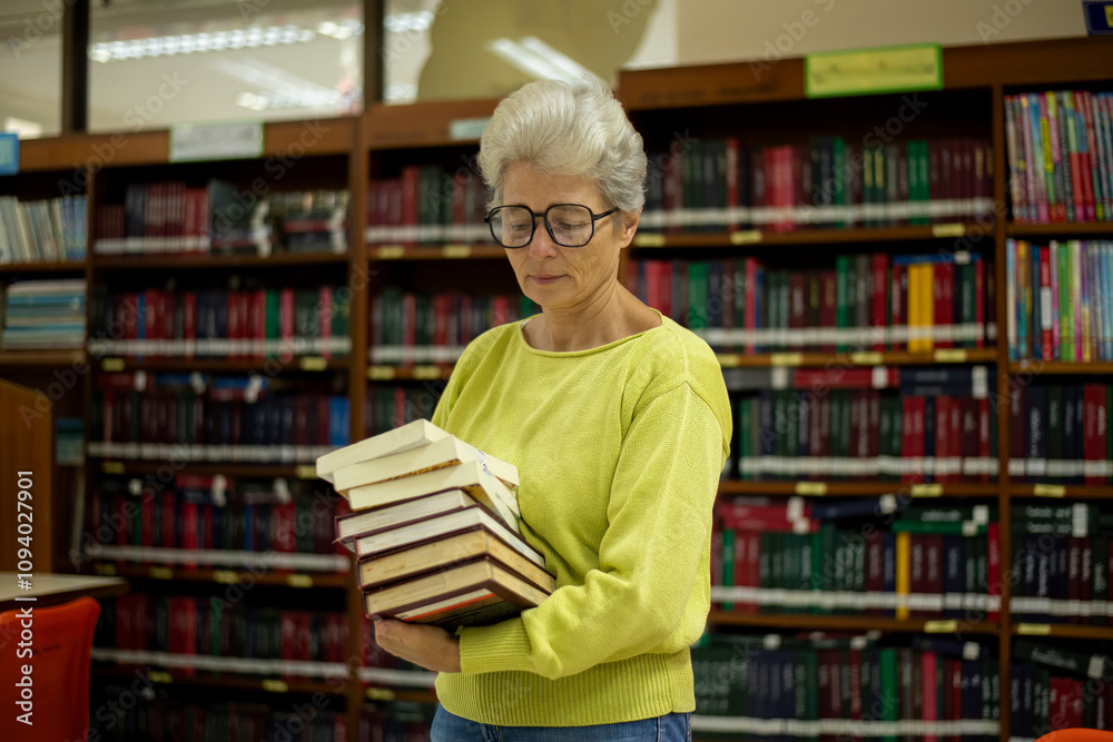 Woman confidently in a library surrounded by shelves composition themes of knowledge, learning and commitment to academic sense of purpose dedication to personal grown concept. Woman confidently in a library surrounded by shelves composition themes of knowledge, learning and commitment to academic sense of purpose dedication to personal grown concept.
