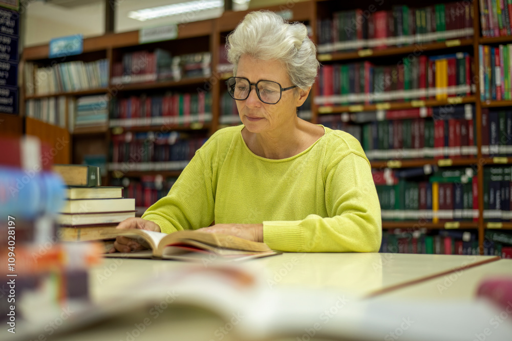 Elder woman sitting enjoys reading book in quiet of the library appears focused and content books with the idea of self-growth and discovery at any stage of life. Elder woman sitting enjoys reading book in quiet of the library appears focused and content books with the idea of self-growth and discovery at any stage of life.
