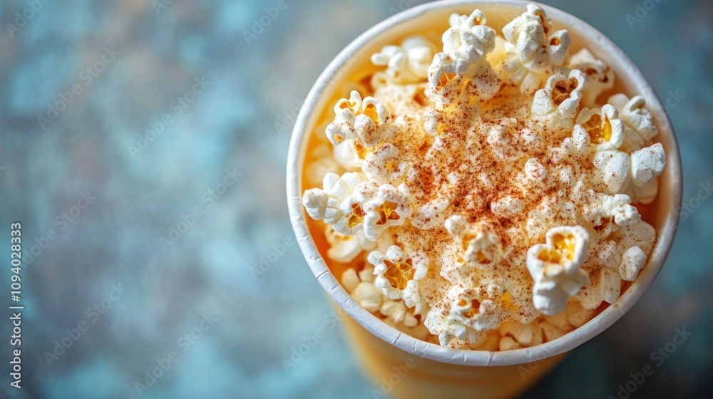 A cup filled with popcorn, topped with seasoning, against a textured background. A cup filled with popcorn, topped with seasoning, against a textured background.