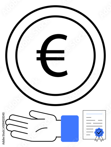 Euro symbol coin, outstretched hand, and certified document with blue seal. Ideal for finance, economics, banking, currency exchange, European market investment and certification. Line metaphor