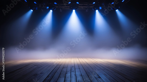 Dramatic Stage Scene with Blue Spotlights and Misty Fog