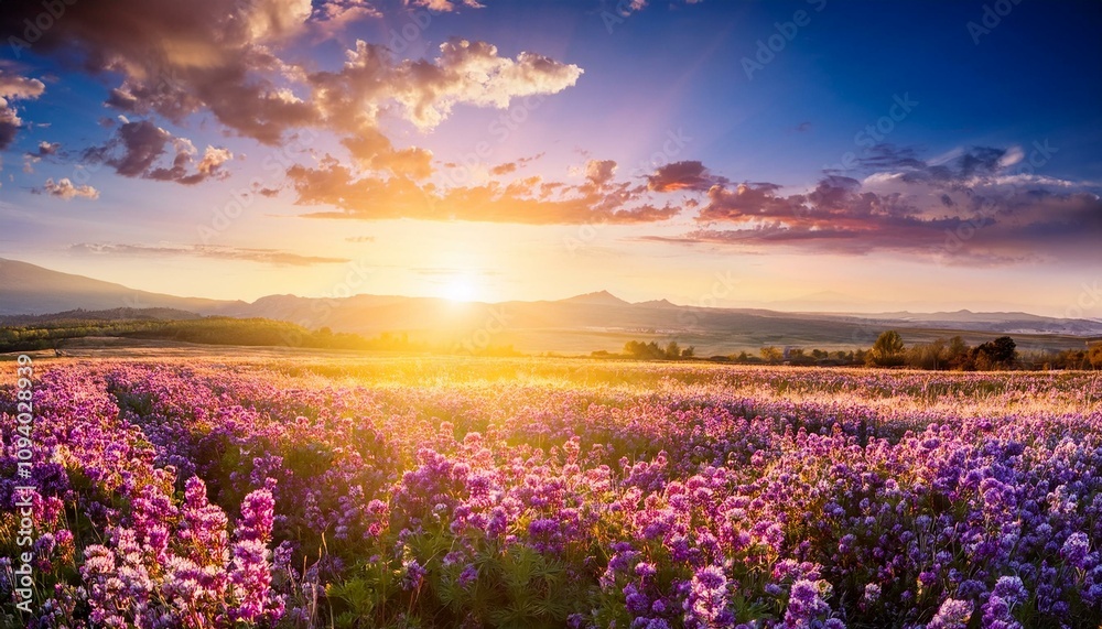 Obraz premium beautiful expanse of flower fields with bright sunlight