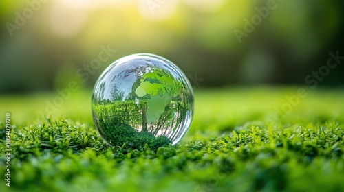 A glass globe depicting Africa rests on lush green grass, symbolizing environmental awareness.