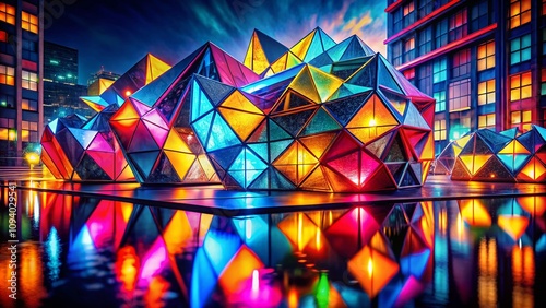 Stunning Night Photography of an Abstract Geometric Composition Featuring Intense Colors and Dynamic Shapes, Perfect for Modern Art Enthusiasts and Creative Projects photo