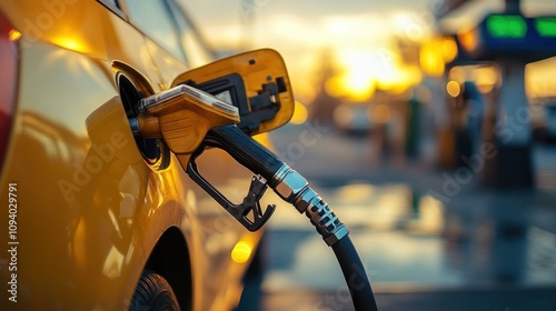 A close-up of a fuel pump inserted into a yellow car at a gas station during sunset.