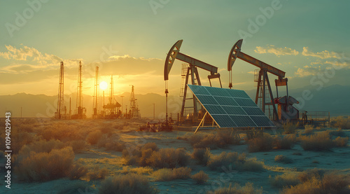 A serene landscape featuring oil pumps at sunset, with solar panels nearby, symbolizing the contrast between fossil fuels and renewable energy.