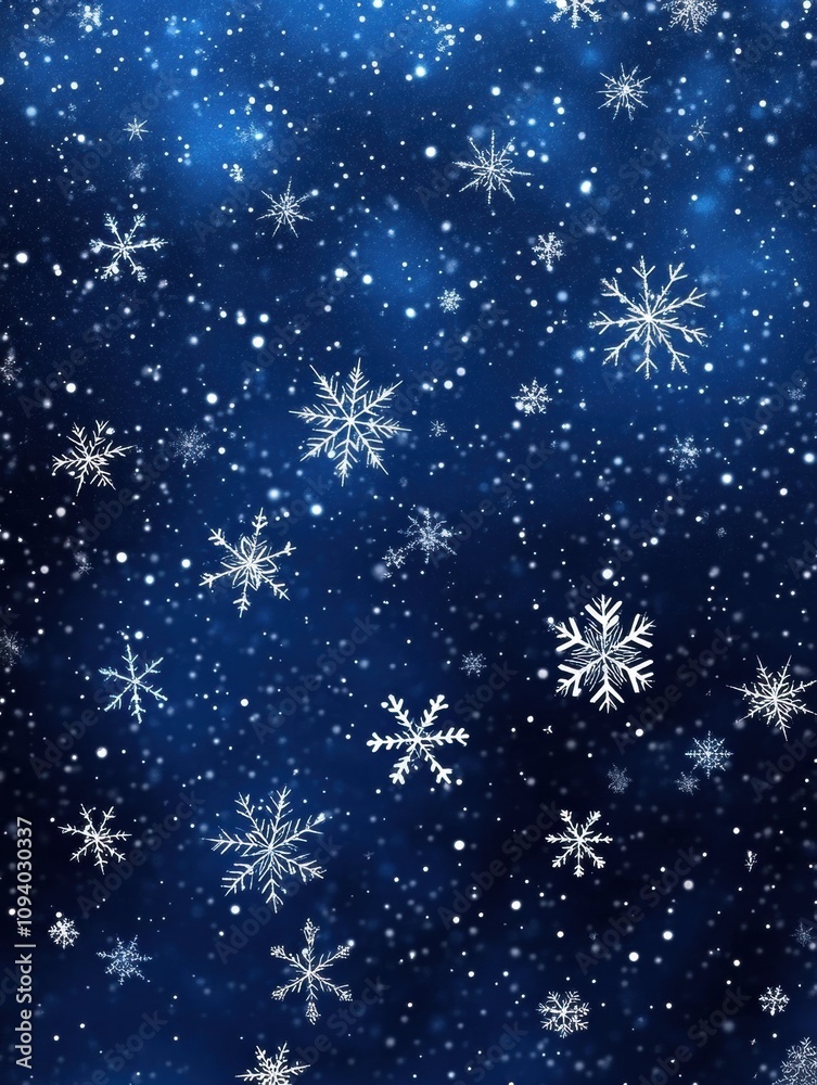 Beautiful Winter Background with Falling Snowflakes on a Deep Blue Night Sky Creating a Serene and Magical Atmosphere for Holiday and Seasonal Designs